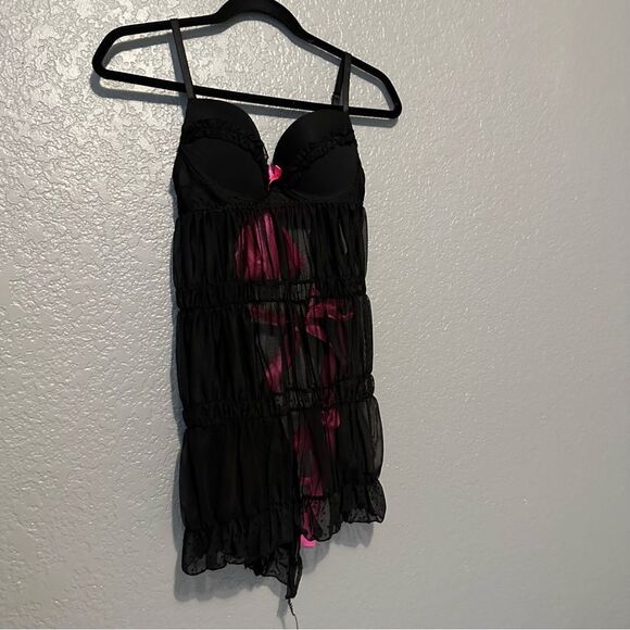🍄Native intimates black & bright pink bow lingerie babydoll open back top/dress - Picture 8 of 9